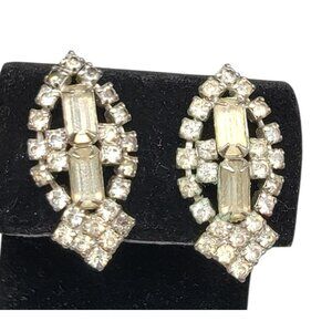 Art Deco Style Rhinestone Climber Clip On Earrings Vintage Colorless Silver Tone